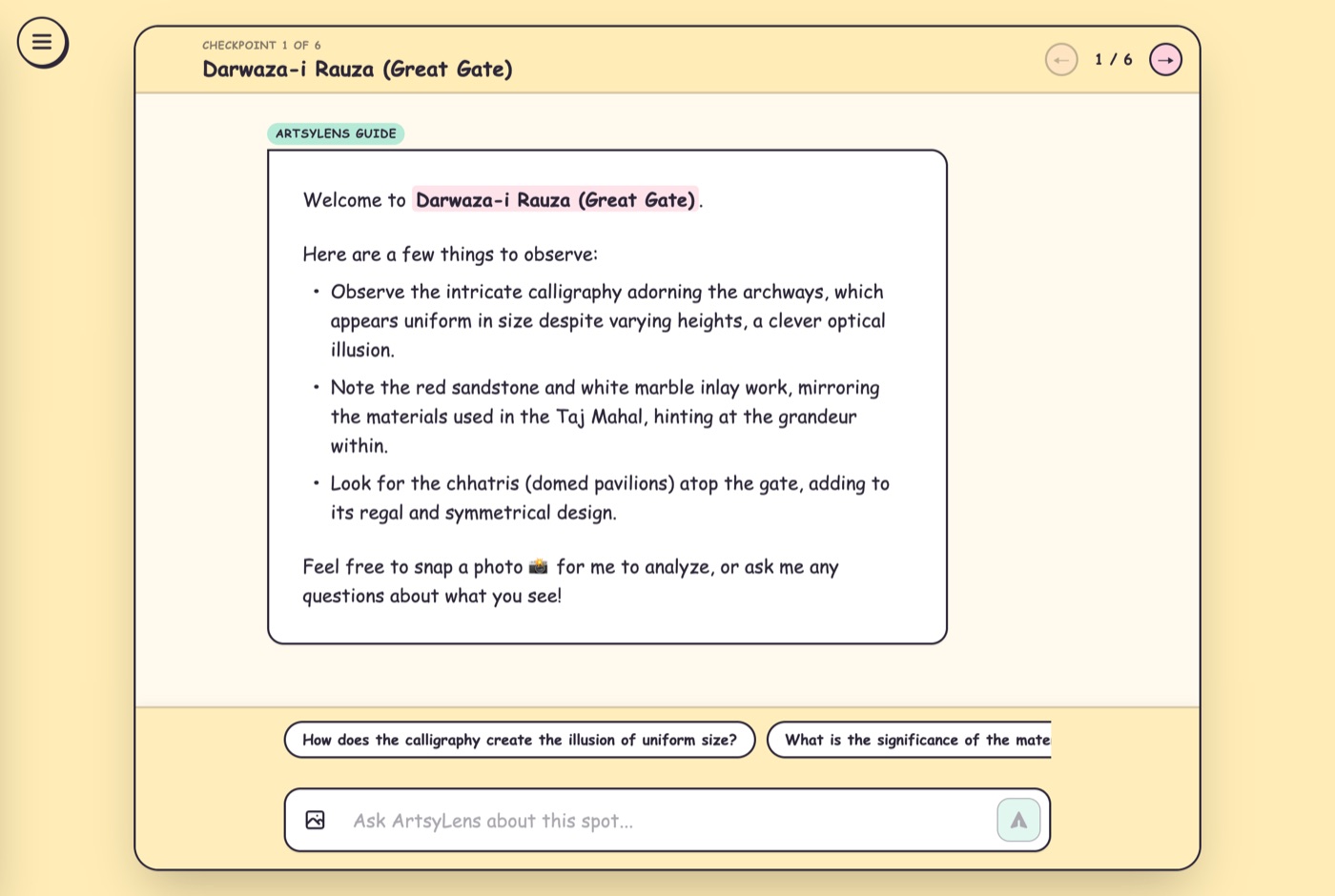 Each checkpoint opens as its own chat, seeded with things to spot and suggested questions.