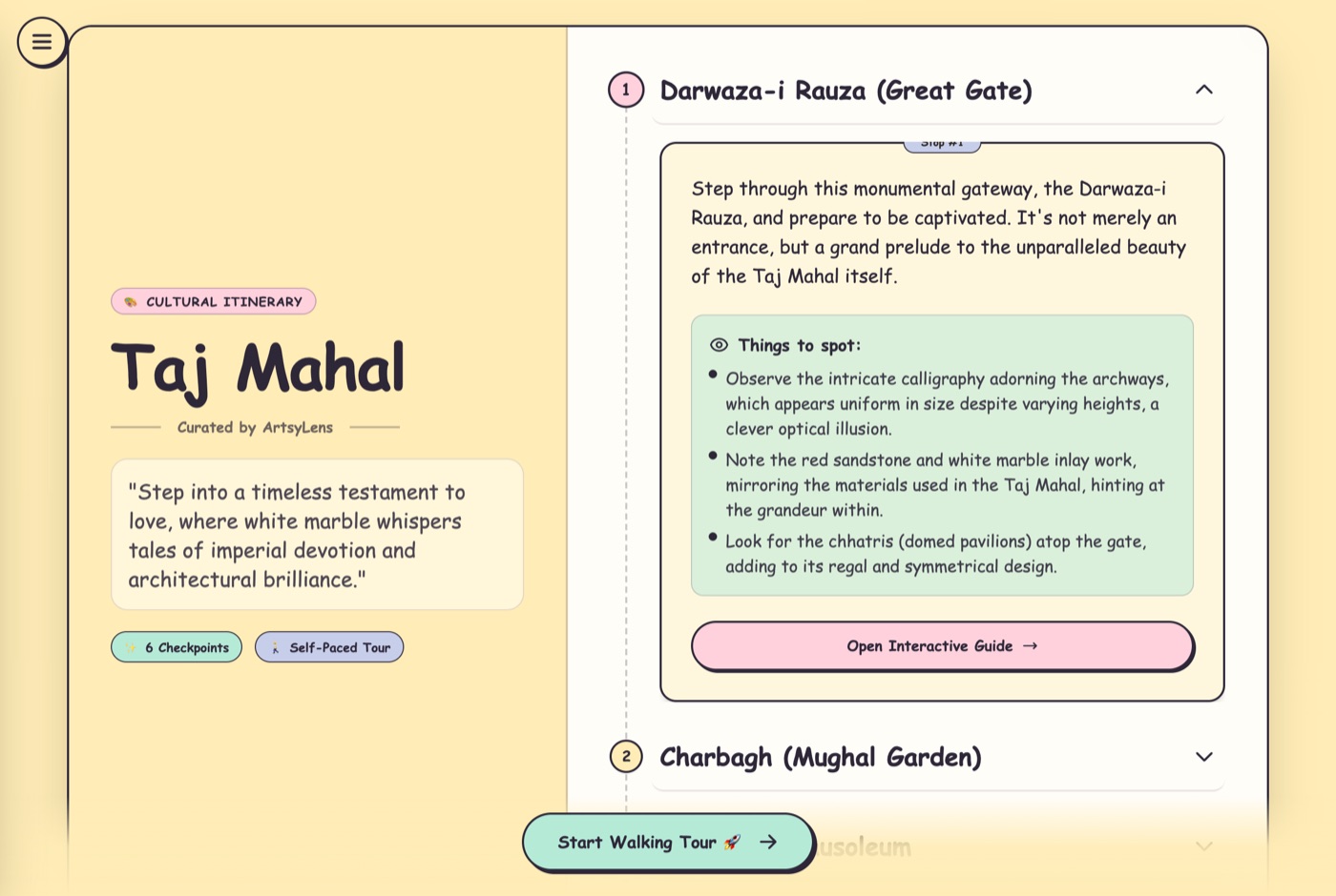 A generated Taj Mahal itinerary — six checkpoints, each with its own things to spot.